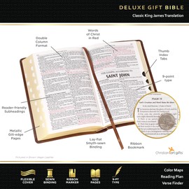 KJV Holy Bible, Standard Size Faux Leather Red Letter Edition Thumb Index, Ribbon Marker, King James Version, Honey Brown Cross Emblem (KJV Deluxe Gift Editions)