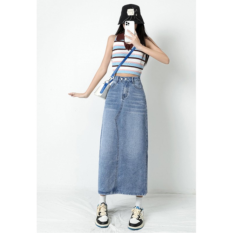 Viatabuna Denim Skirts for Women Midi Length High Waist Side