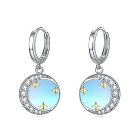 Star Moon Hoop Earrings for Women Sterling Silver Moonstone / Lapis Lazuli Star Earrings Star Moon Jewellery Gifts for Women Girls, Sterling Silver, Moonstone