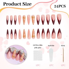 LunarCharm 24 pieces French Tip Press on Nails, long artificial nails, stiletto fake nails with 3D bow design, nude acrylic nails, artificial nails, shiny nails