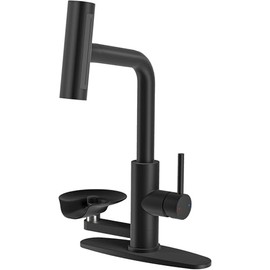 HOWUWEY Kitchen Faucet with Pull Down Sprayer & Cup Washer, Glass Rinser Faucet for Kitchen Sink, Single Handle Waterfall 1 or 3 Hole Tap for Bar Sink Farmhouse Camper Laundry Rv (Black)