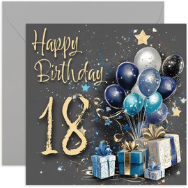 Special Male 18th Birthday Card for Men - Eighteen Years Old - Blue and Gold Gifts and Balloons Artwork for Men - Stylish and Traditional Milestone Age Bday Presents - Blank Inside with Envelope