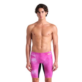 ARENA Men's Standard Performance Tie-Dye Swim Jammer Knee-Length Swimsuit Training Bathing Suit, Shocking Pink Multi/Black