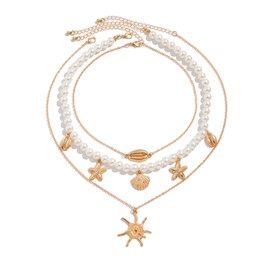Pearl Choker Necklaces for Women Layered Boho Beaded Starfish Shell Sun Conch Seashell Charm Pendant Necklaces Summer Beach Surfer Jewelry Outfits Accessories (Gold Sun Starfish Pearl Necklace)