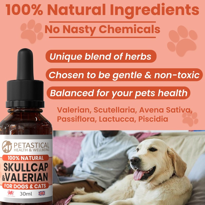 Petastical Skullcap Valerian, Cat Dog Calming, Anxiety Calming Drops, Home