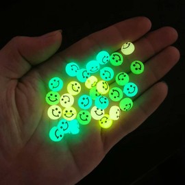 200pcs Glowing Solar Luminous Smile Face Beads Mixed Acrylic Glow in The Dark Happy Face Beads Charms with Rope for DIY Jewelry Craft Making Party Decoration (Luminous)