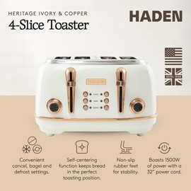 Haden Heritage 4 Slice Wide Slot Stainless Steel Toaster with Adjustable Browning Control & Non-Slip Feet, Ivory & Copper