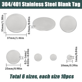 SUNNYCLUE 1 Box 60Pcs Round Metal Stamping Blanks Engravable Stainless Steel Ring Blank Bulk Silver Engraved Disc Patches for DIY Jewelry Craft Name Tag Necklaces Earrings Engraved Making Supplies