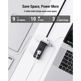 HOPOW Surge Protector Power Strip, 10 Ft Ultra Thin Flat Plug Extension Cord with 9 Widely AC Outlets, 1700 Joules, Wall Mount 3-Side Outlet Extender for Travel Home Office College Dorm, Black