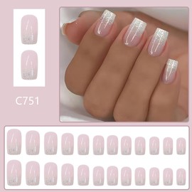 NEWSPIED 24Pcs White Glitter French Tip Press on Nails Short Square Fake Nails Glossy Nude Pink Design Glue on Nails Artificial Reusable Stick on Nails Coffin Acrylic Nail Tips Full Cover False Nails for Women