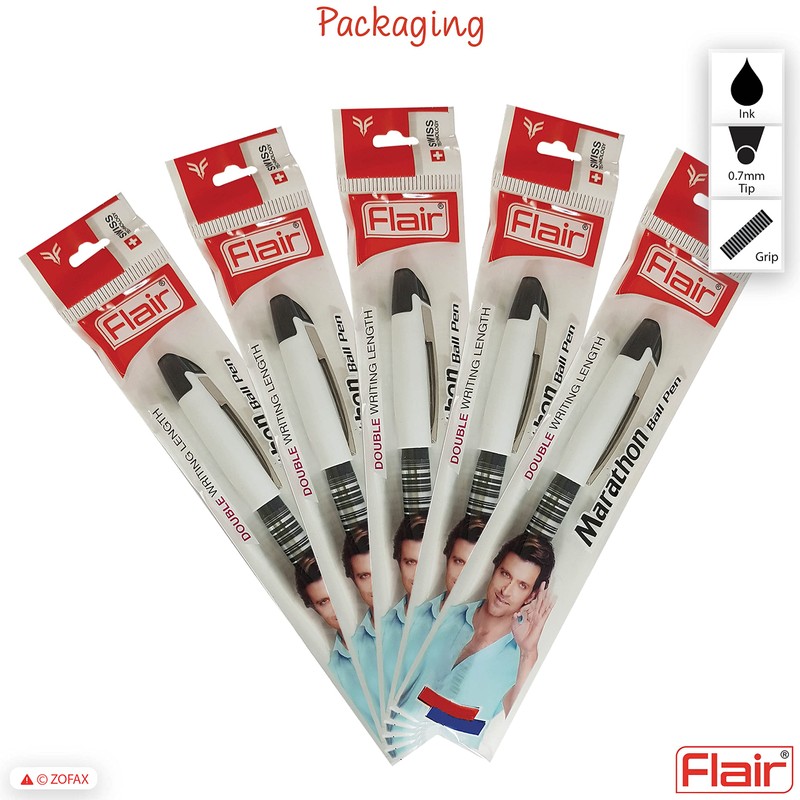 FLAIR Marathon 5 x 0.7mm BLACK Ballpoint Pens Smooth Longer
