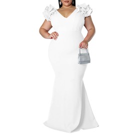 Women's Plus Size Off Shoulder Backless Floor Length Bodycon Maxi Fishtail Prom Dress White 3XL