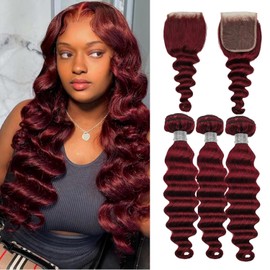 Burgundy Human Hair Bundles with Closure,99J Colored Wine Red Bundles Human Hair with Closure Grade 10A Brazilian Hair Bundles and 4x4 Lace Closure Loose Deep(99jBurgundy Loose Deep 16 18 20+16free)