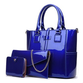 ZiMing - Juego de bolsos y monederos para mujer, de piel charol, cadena de hombro, bolso cruzado, portafolios y tarjetero, juego de 3 piezas, Azul, Talla unica