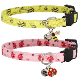 Giecooh Cotton Cat Collar, 2 Pack Breakaway Cats Collars with Bells, for Girl Boy Kittens, Bee and Ladybug