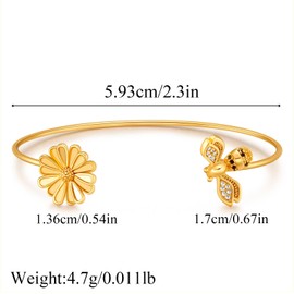 crataly Dainty Bee and Daisy Cuff Bangle Bracelets for Women Adjustable Gold Plated Open Thin Bangle with CZ Stackable Jewelry Gifts for Girlfriend Teen Niece Sixteen Granddaughter