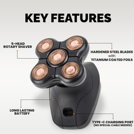 Brio Raze Head Shaver 2.0 for Bald Men, Cordless 5-in-1 Electric Razor, Mens Grooming Kit & Bald Head Shavers for Men, Rotary Shaver for Smooth Shave (Black)