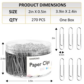 DANRONG Silver Jumbo Paper Clips, 270pcs 2 Inch (50 mm) Paper Clip, Large Paperclips Great for Office School and Personal Use(2 in, Silver)