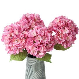 mizii 4Pcs Pink Artificial Hydrangea Flowers Large Fake Silk Hydrangea Flower with Leaves Stems Realistic Faux Hydrangeas Decorations for Wedding Table Centerpieces Vase Home Decor (Pink)