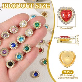 PATIKIL Heart Rhinestones Buttons, 20Pcs 16mm Sew on Rhinestones Crystal Heart Nail Charm Embellishment Flatback Diamond for Sewing DIY Clothing Wedding, Multicolor