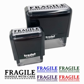Fragile Handle with Care Dotted Line Label Box Self-Inking Rubber Stamp Ink Stamper for Business Office - 1-1/2 Inch Small - Black Ink