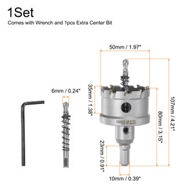 QUARKZMAN Metal Hole Saw TCT Carbide Cutter 50 mm / 1.97 Inch Diameter for Stainless Steel Metal Aluminium Alloy Copper Brass Plastic with Extra Centre Bit