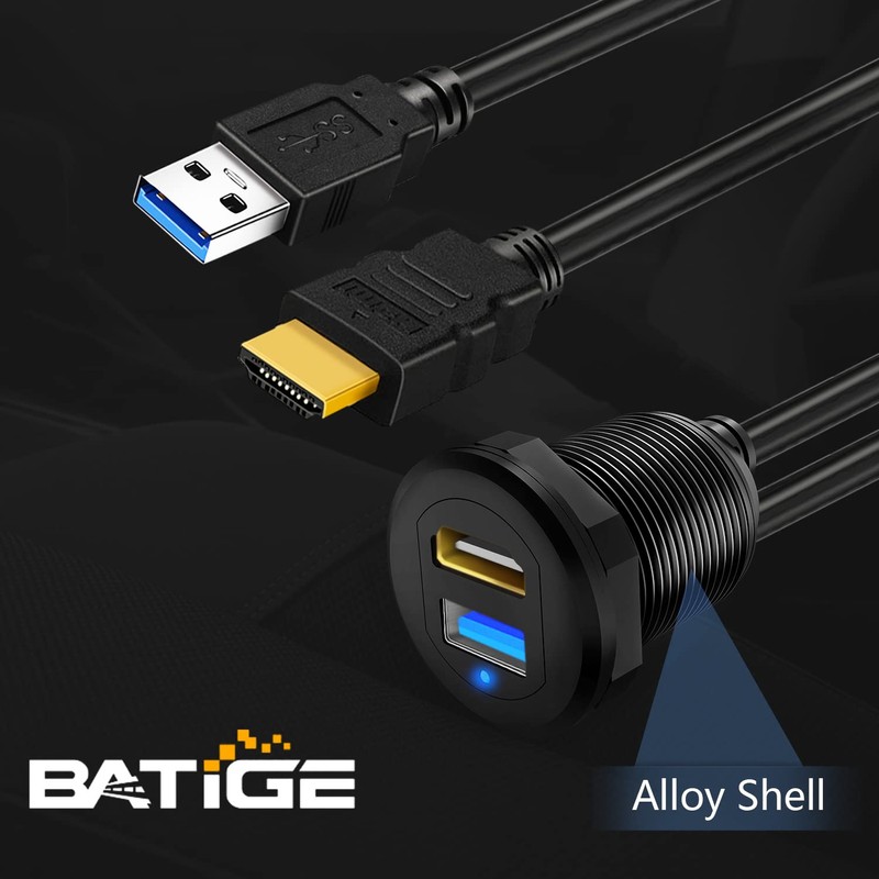 BATIGE USB 3.0 HDMI Car Mount Flush USB Port Cable,