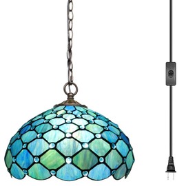LXHCYOU Tiffany Pendant Light Plug in, 12 inches Stained Glass Hanging Lamp, 39 Inch Chain, 15 Feet Cord Living Room Bedroom Kitchen Dining Room Office (Sea Blue Pearl Style)