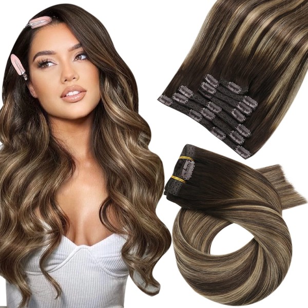 Moresoo Clip-In Human Hair Extensions, Balayage, Remy Hair Clip, Double Wefts, Ombre, Straight Hair, Dark Brown with Caramel Blonde, Full Head, 7 Pieces, 120g, 45 cm