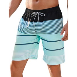 BOJIN Mens Swim Trunks Quick Dry Swim Shorts Mesh Lining Bathing Suits Swimwear Beach Shorts BJ162 Green Stripe L