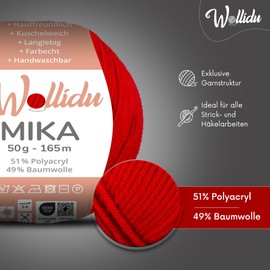 Wollidu Mika Knitting and Crochet Yarn, 51% Polyacrylic, 49% Cotton, 10 x 50 g/165 m, Oeko-Tex, Dark Red