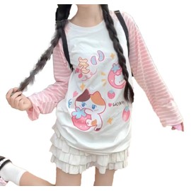 GOTHPICKUS Womens Y2k Cute Graphic Sweatshirts Harajuku Kawaii Striped Sweatshirt Patchwork Cartoon Casual T-Shirts (Pink,Large)