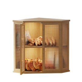 Aycarzcy Bamboo Corner Bread Box for Kitchen Countertop -16.5" H Natural Wood Bread Storage with Glass Door, Perfect for Homemade Bread & Pastries(Natural)