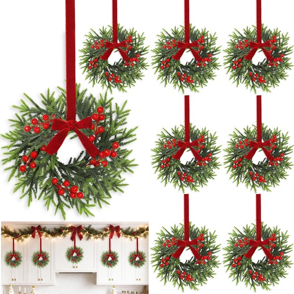 8 Pcs 11”Mini Christmas Cabinets Wreaths for Kitchen, Small Artificial