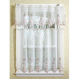Violet Linen Lima Sheer White 3 Piece Kitchen Curtain Set with Embroidered Flowers Design