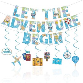 Rismise Travel Themed Party Dekoration 28pcs Lassen Sie das Abenteuer beginnen Banner Travel Hanging Swirls Flugzeug Karte Kamera Koffer Dekor für Ruhestand Graduierung Abschied Abenteuer Reise Party