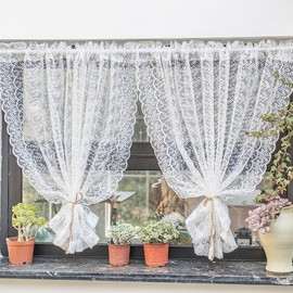 Yaland Net Curtain with Lace Design, Delicate Sheer Curtain in Kitchen, Living Room, Country House Style, 1 Piece, White, W x H 130 x 80 cm
