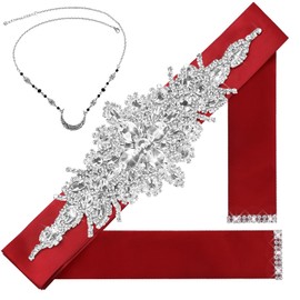 Belts for Women Dresses, Red Sash Wedding Dress Belt, Bridal Belts Satin Ribbon Self-Tied Sparkly Belt - Red Rhinestone Belts for Christmas Party Gowns Prom Women Dresses Accessories (Red)