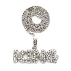NYFASHION101 Stone Stud Bubble Letter King Pendant with 2mm 24" Rope Chain Necklace, Silver-Tone