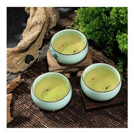 Hotumn Celadon Teacup Porcelain Chinese kungfu Teacup Fishes and Lotus Pattern set of 3 teacups