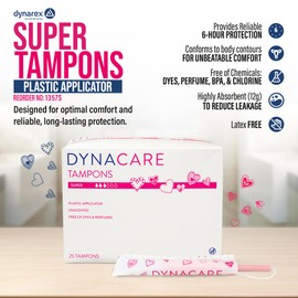 Dynarex Super Tampons – Bulk Feminine Hygiene Product with Plastic Applicator – 7 Hour Protection – 9 Boxes, 225 Total Tampons