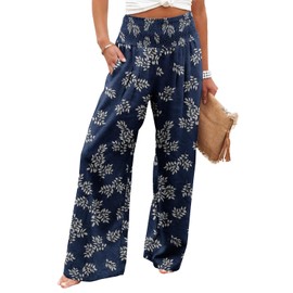 Angerella Women's Floral Blue High Waisted Flowy Wide Leg Pants Boho Summer Beach Palazzo Pants with Pockets L