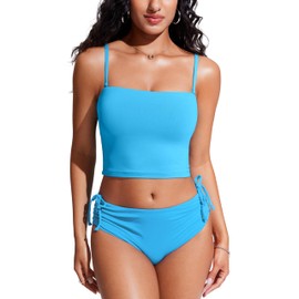 CRZ YOGA Womens Bandeau Bikini Tops Strapless Swimsuit Adjustable Spaghetti Straps Bathing Suit Crop Tankini Padded Kayak Blue Small