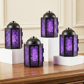 Vela Lanterns Mini candelabro de Metal marroquí pequeño de 4,5 Pulgadas, candelabro Decorativo para centros de Mesa, decoración del hogar Interior, Patio Exterior, Bodas, Morado, Juego de 4