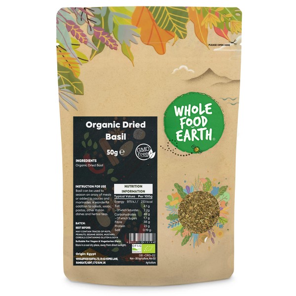 Whole Food Earth® - Organic Dried Basil 50 g | GMO Free | Certified Organic