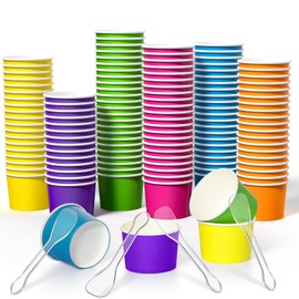 Ice Cream Cups 5.5 Ounce Disposable Yogurt Dessert Bowls Paper Bowls and Matching Reusable Plastic Spoons Transparent Summer Party Supplies (Colorful Style,100 Pcs)