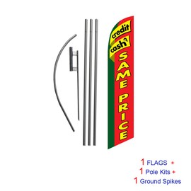 Cash or Credit Same Price (gas station) 15ft Feather Banner Swooper Flag Kit - INCLUDES 15FT POLE KIT w/GROUND SPIKE