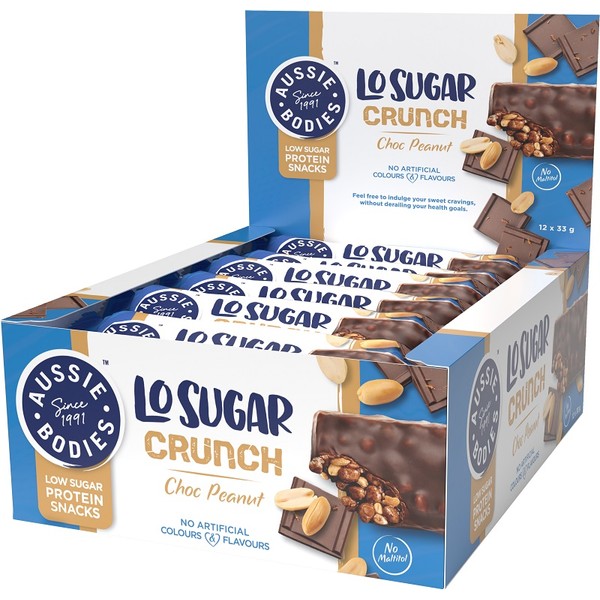Aussie Bodies Lo Sugar Crunch Bars 12 x 33g - Choc Peanut - Expiry 19/05/24