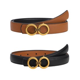 Kajeer Reversible Belts for Women, Black Thin Leather Skinny Belt with Removable Gold Buckle for Dresses(L, Brown)