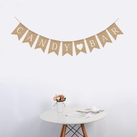 Juland Candy Bar Garland and White Hearts Decorative Banner Snackable Garland Linen Bunting Vintage Photo Booth Props Swallowtail Flag Bunting Linen Jute Fabric Bunting Banner 2 Packs
